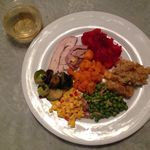 Turkey, cranberry fruit mold, stuffing, peas, corn salad, Brussels sprouts and butternut squash.  - Jen Chung